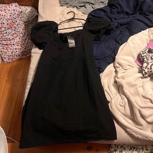 Nasty Gal black linen mini dress with puff short sleeve